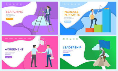Leadership and searching for new ideas posters set vector. Profits in making finance achievement, agreement between partners in business, leader top