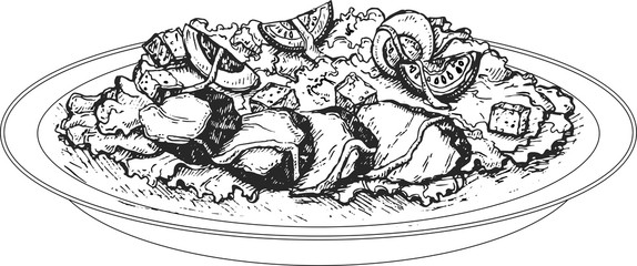 Plate with chicken salad on table.Vector sketch with salad hand drawn doodle. Illustration for menus, recipes and packages product. Caesar Salad 