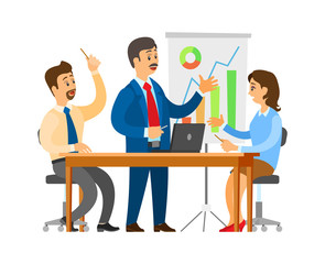 Boss on seminar brainstorming with workers team vector. Whiteboard with statistics and information in visual form, people ideas business solution