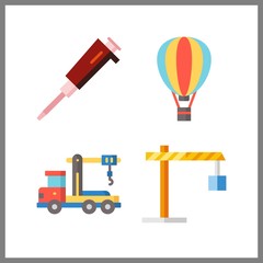 4 lift icon. Vector illustration lift set. hot air balloon and crane truck icons for lift works