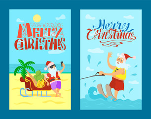 Merry Christmas, Santa Claus and sleigh full of bananas and grapes, palm tree. Vector New Year character riding on water skis, waving hand and greeting everyone