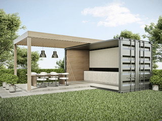 Exterior container dinning area in backyard 3D render - obrazy, fototapety, plakaty