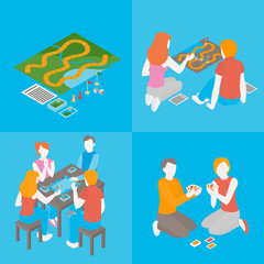 Set of indoors activity and hobby. People playing a board game with cards, field. Isometric friends, couple and family spend time together. Group of girls and boys communicate. Teens and kids play