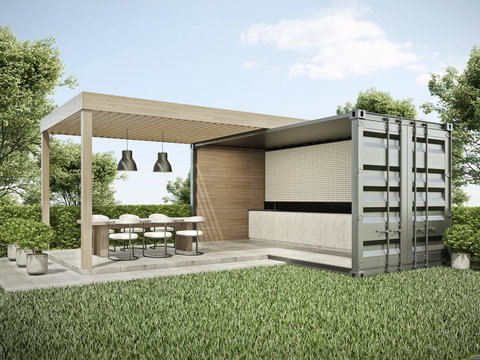 Exterior container dinning area in backyard 3D render