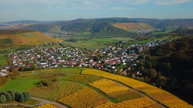 Aerial view of wine-village Ayl in autumn, Saar River, Saar Valley, Rhineland-Palatinate, Germany