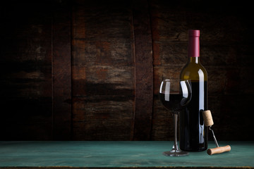 Wine cellar with wine bottle and glasses.with space for text