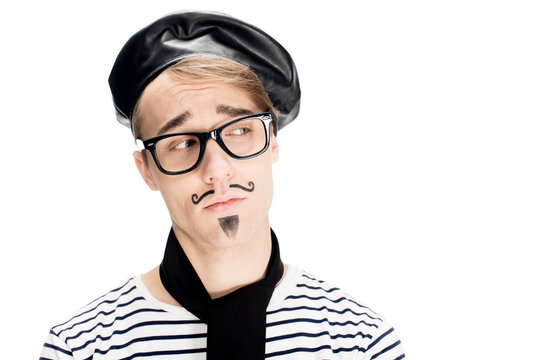 sad french man with mustache in glasses isolated on white