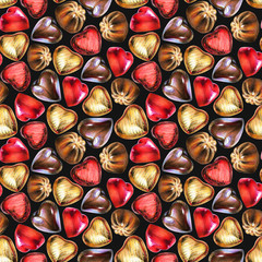 Seamless pattern with chocolate heart in gold and red foil, red glaze on black background. Use for textile, wrapping paper, wallpaper, and other design. Drawing with colorful pencils.