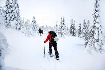 Fototapeta na wymiar Men trekking in the mountains. Winter mountain landscape.