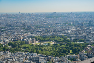 Morning aerial view of the famous Luxembourg Palace and downtown citypscape