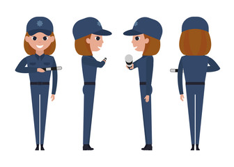 Girl police officer isolated on white background. The traffic controller holds a striped rod in an outstretched arm. Front, side, back view animated character.