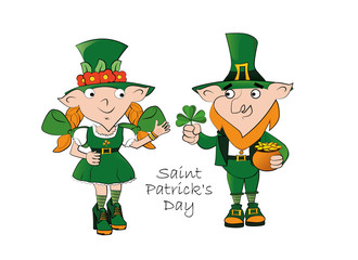 Leprechaun girl and Leprechaun man with a pot of gold coins. Happy St. Patricks Day celebration.