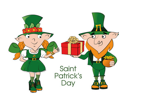 Leprechaun girl and Leprechaun man with a pot of gold coins and a gift. Happy St. Patricks Day celebration.