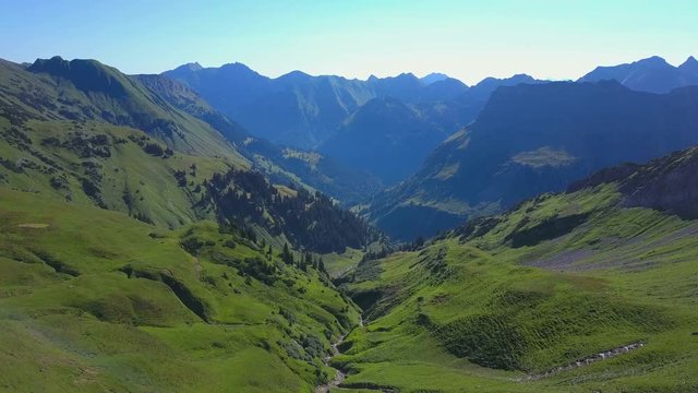 Aerial view of Hinterstein Valley near Nebelhorn, Oberstdorf, Allgau Alps, Swabia, Bavaria, Germany, Europe
