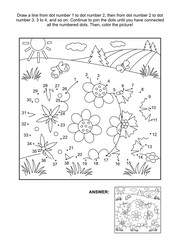 Easter themed connect the dots picture puzzle and coloring page with three painted eggs. Answer included.
