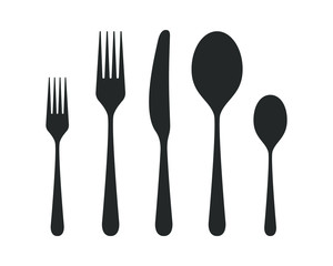 Icons cutlery. Silhouettes spoons, forks, knife. Restaurant signs. Symbol cutlery. Vector illustration
