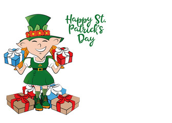 Leprechaun girl holding a gift. Happy St. Patricks Day celebration.