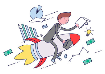 Business concept. Businessman flying on a rocket to a successful business.