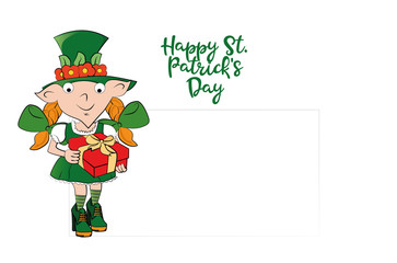 Leprechaun girl holding a gift. Happy St. Patricks Day celebration.