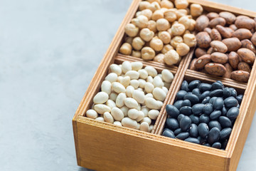 Black beans, pinto beans, white beans and chickpeas in wooden box on concrete background, copy space, horizontal