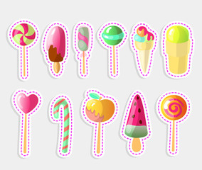 Set of bright vector candies, Ice creams Set of colorful lollipops and Ice-cream, cartoon illustration. Round and heart lollipop, caramelized apple, sweet candy cane, strawberry chocolate icecream