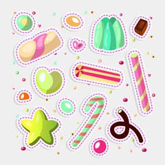 Sweet cartoon candy set. Collection of sweets, cartoon style. Jelly, candy, cakes, sweet donut and marmelade. Huge set of cartoon doodle form candies and sweets. Lollipop, cotton, donut and striped