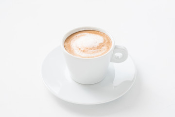 Coffee art minimalism. Single cappuccino cup on white background. Energy drink.