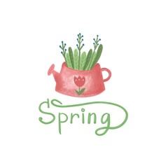 Hand written lettering spring. Illustration of spring flowers in red watering can with lettering. Color illustration for your design.