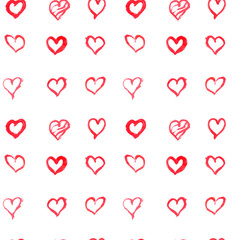 Red hearts - seamless pattern, background, texture. Hand drawing, watercolor. Designed for fabric, paper and other surfaces.