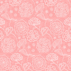 Tender coral seamless pattern with spring outline white hand drawn flowers. Romantic rose flowers and leaves on pastel pink background for textile, wrapping paper, cover, surface, wallpaper