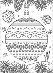 Winter holidays coloring page for kids and grown-ups with decorated ornament, fir tree branches, snowbanks and snowflakes
