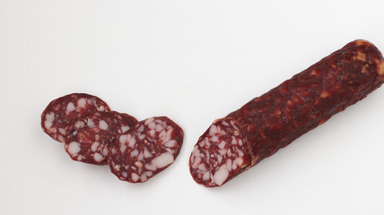 smoked sausage on white background, copy space 