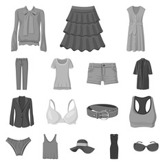 Vector illustration of woman and clothing symbol. Set of woman and wear vector icon for stock.