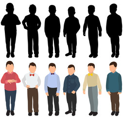 vector, isolated, set of silhouettes boys, children