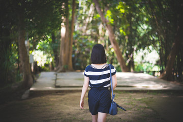 Happy young cute Asian Japanese girl hipster backpack  women travelling looking at beautiful sky mountains scenery views