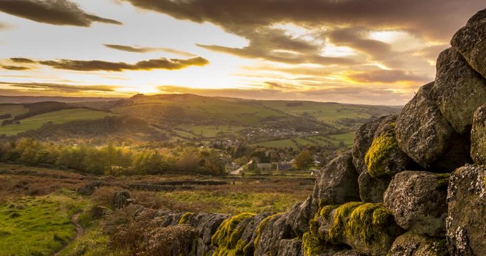 Time Lapse of sunset from Baslow Edge over Calver, Peak District National Park, Derbyshire, England, UK, Europe