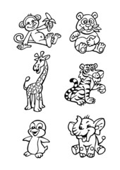 Fototapeta premium exotic animals set, tiger, penguin, panda, elephant, monkey, giraffe black and white
