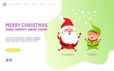 Merry Christmas and happy New Year greeting card, Santa Claus and Elf jumping on snow. Cartoon characters Father frost and little helper on snowy ground, vector