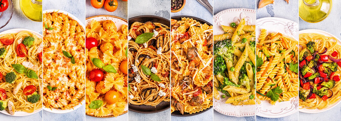 Collage of various pasta dishes.