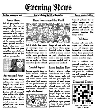 Fake newspaper with unreadable text and hand drawn illustrations