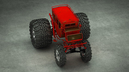 Vecchia carrozza rossa steampunk senza cavalli, con ruote giganti da fuoristrada, illustrazione 3d, rendering 3d