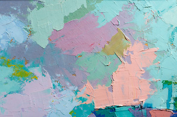 Abstract colorful oil painting on canvas. Oil paint texture with brush and palette knife strokes. Multi colored wallpaper. Macro close up acrylic background. Modern art concept. Horizontal fragment.