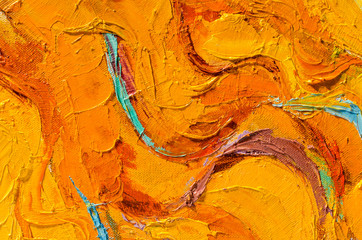 Abstract colorful oil painting on canvas. Oil paint texture with brush and palette knife strokes. Multi colored wallpaper. Macro close up acrylic background. Modern art concept. Horizontal fragment.