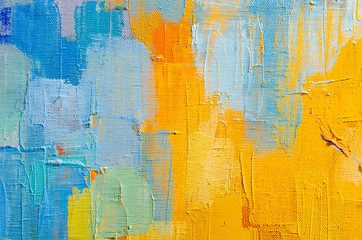 Abstract colorful oil painting on canvas. Oil paint texture with brush and palette knife strokes. Multi colored wallpaper. Macro close up acrylic background. Modern art concept. Horizontal fragment.
