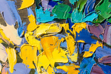 Abstract colorful oil painting on canvas. Oil paint texture with brush and palette knife strokes. Multi colored wallpaper. Macro close up acrylic background. Modern art concept. Horizontal fragment.