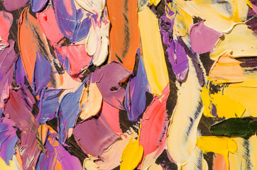 Abstract colorful oil painting on canvas. Oil paint texture with brush and palette knife strokes. Multi colored wallpaper. Macro close up acrylic background. Modern art concept. Horizontal fragment.