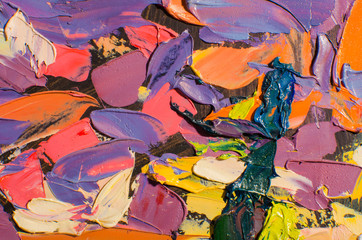 Abstract colorful oil painting on canvas. Oil paint texture with brush and palette knife strokes. Multi colored wallpaper. Macro close up acrylic background. Modern art concept. Horizontal fragment.