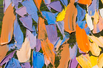 Fototapeta na wymiar Abstract colorful oil painting on canvas. Oil paint texture with brush and palette knife strokes. Multi colored wallpaper. Macro close up acrylic background. Modern art concept. Horizontal fragment.