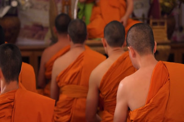Abstract, blur, bokeh background, defocusing - image for the background. Buddhist monks pray to...