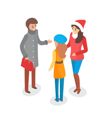 Man and woman discussing topic outdoors winter season vector. People friends wearing warm clothes, woman with Santa Claus hat on head, talking person